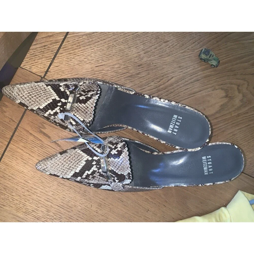 NWOT Stuart Weitzman 9.5M Snakeskin Pointy Toe Open Heel Slip On Heels 4007979